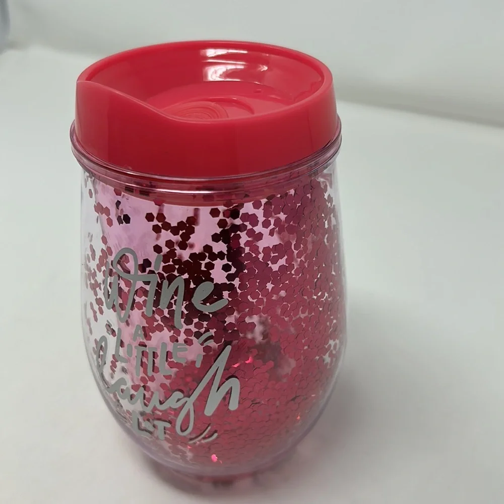 Wine A Little Laugh A Lot Pink Sparkly Stemless Wine Lidded Cup